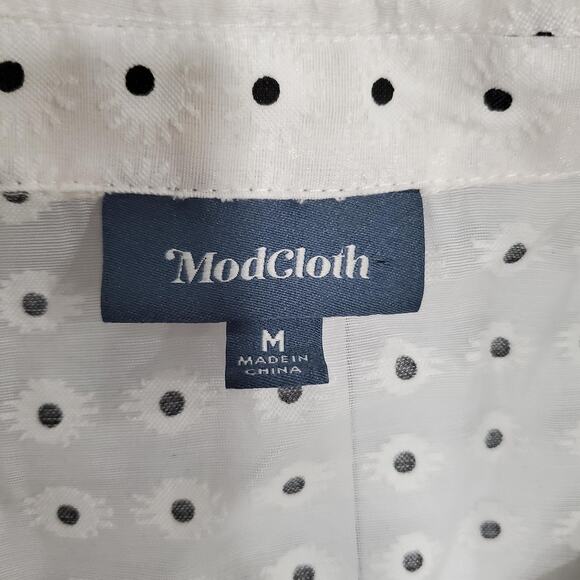 ModCloth Shirt Womens Medium White Black Polka Dot Button Sheer Tie Front Blouse - Picture 3 of 9